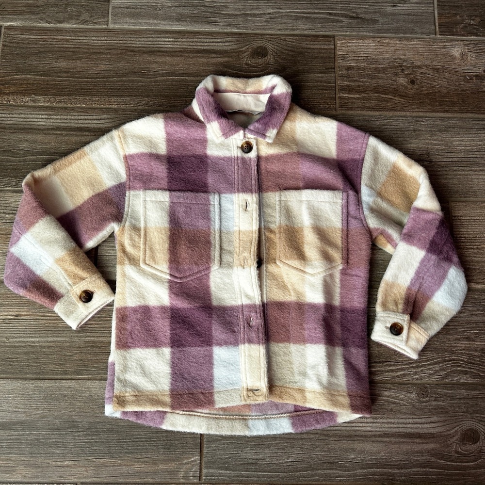 DSG Kids Plaid Button Down Shirt‎ Jacket Shacket Purple Beige Fall Size S